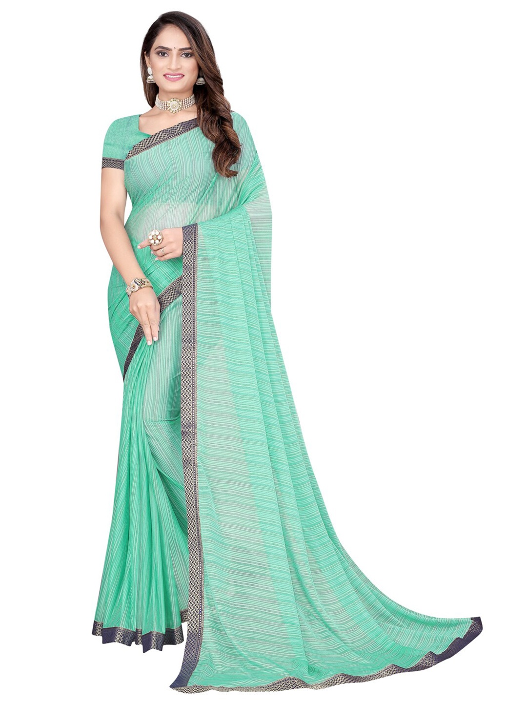 Florence Sea Green & Black Striped Silk Cotton Mysore Silk Saree