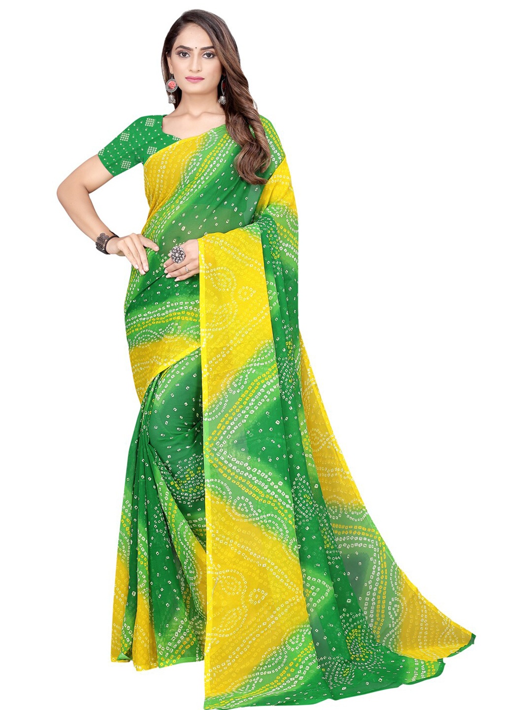 KALINI Green & Yellow Bandhani Pure Georgette Bandhani Saree With Unstitched Blouse Piece
KALINI Green & Yellow Bandhani Pure Georgette Bandhani Saree With Unstitched Blouse Piece