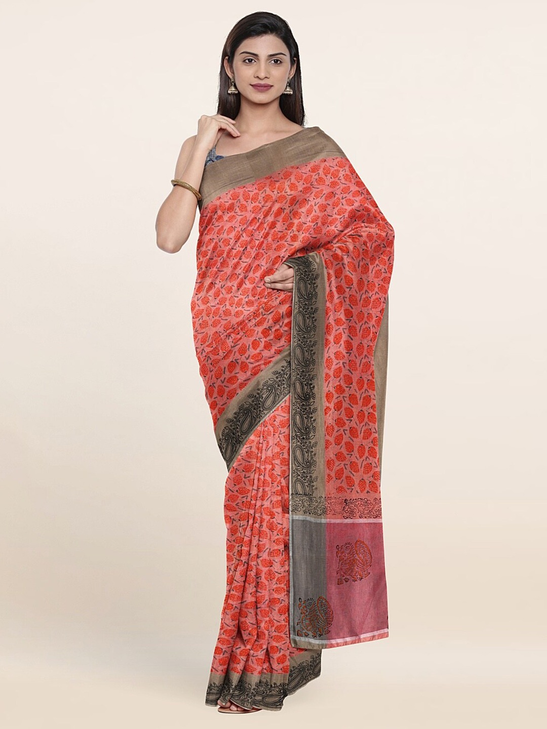 Pothys Pink & Black Paisley Pure Cotton Saree