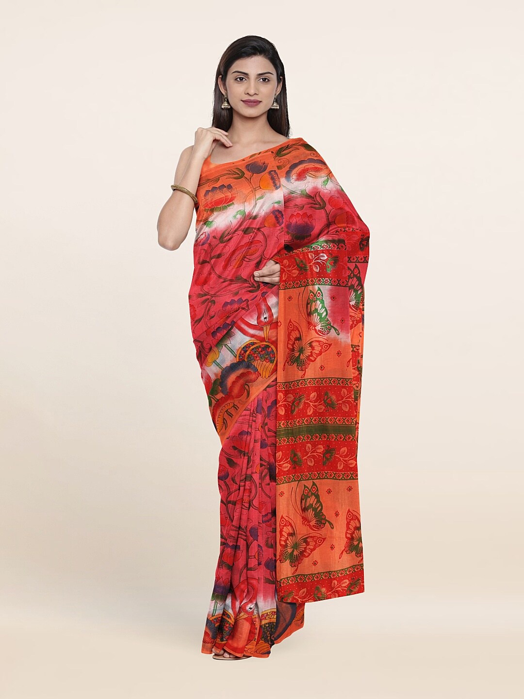 Pothys Pink & Orange Floral Pure Cotton Saree