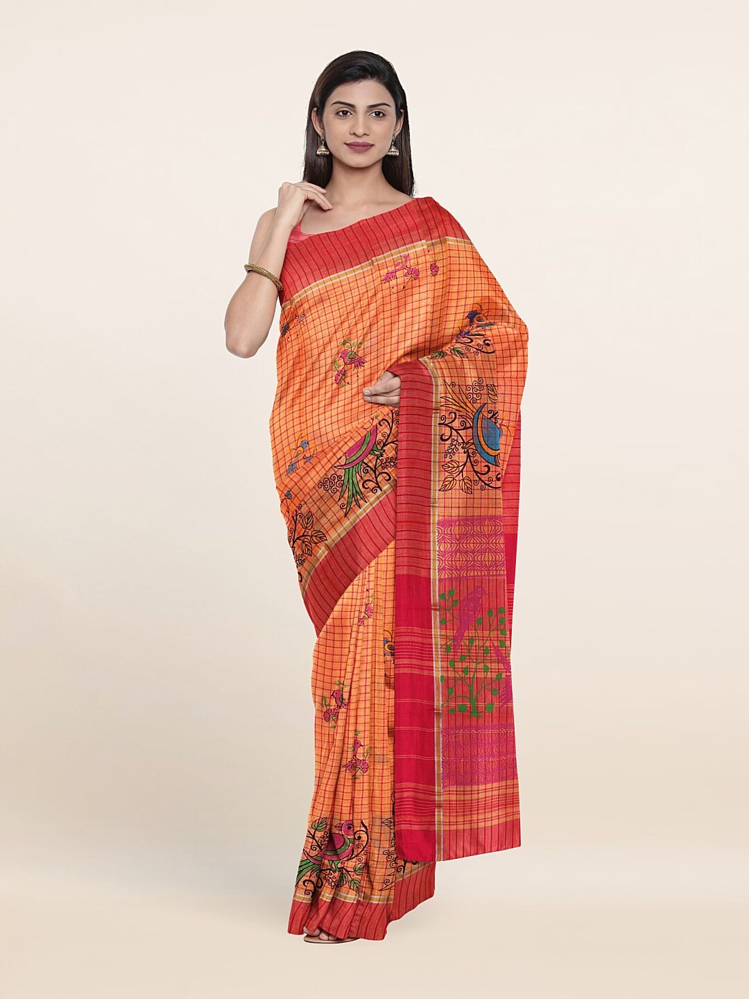 Pothys Peach-Coloured & Red Floral Pure Cotton Saree
