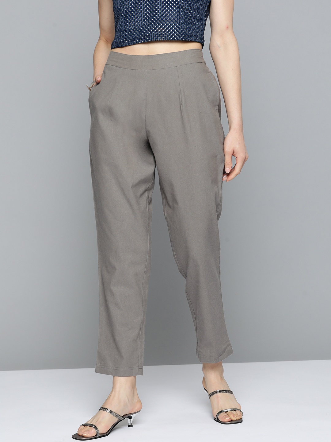 HERE&NOW Women Grey Pleated Trousers