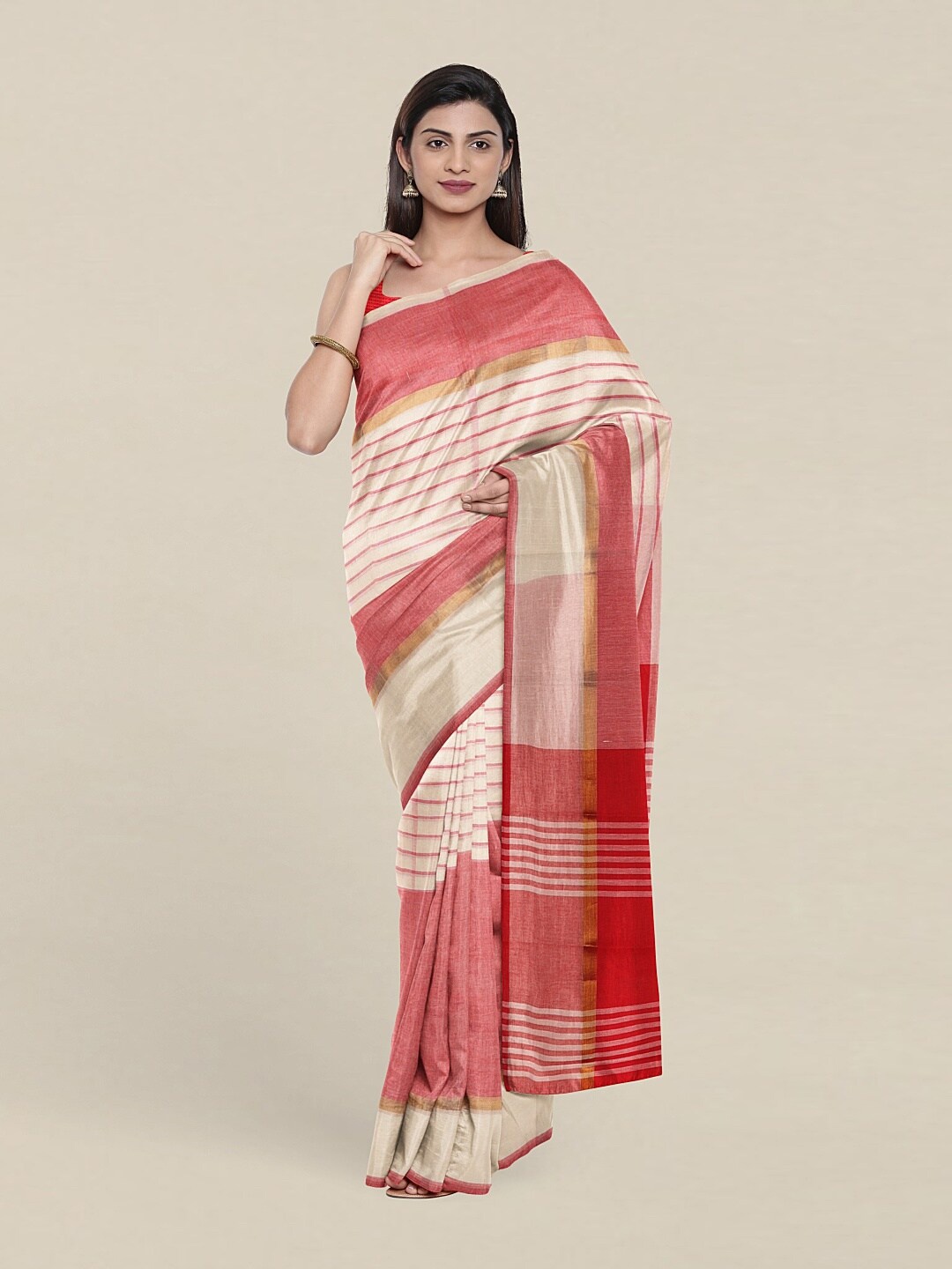 Pothys Cream-Coloured & Red Striped Pure Cotton Saree
