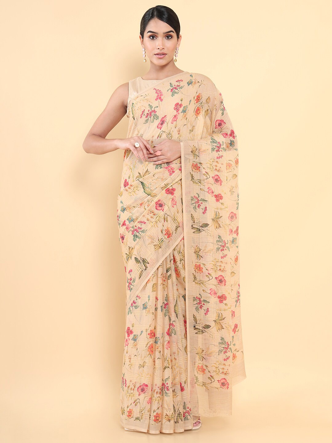 Soch Beige & Red Floral Zari Pure Chiffon Saree