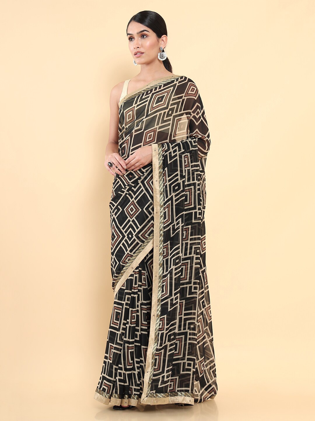 Soch Black & Cream-Coloured Pure Georgette Saree