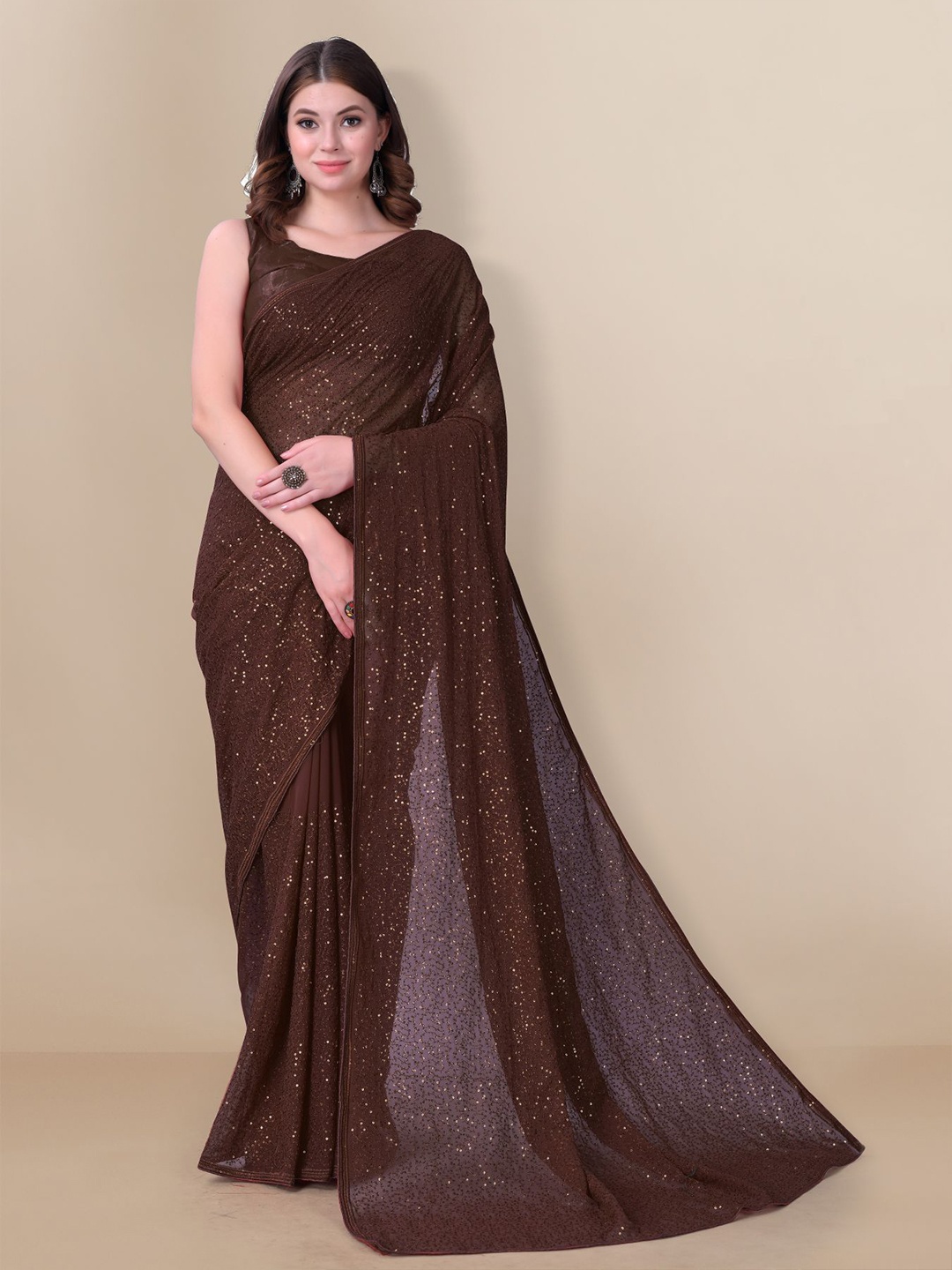 VAIRAGEE Brown & Golden Embellished Sequinned Georgette Saree