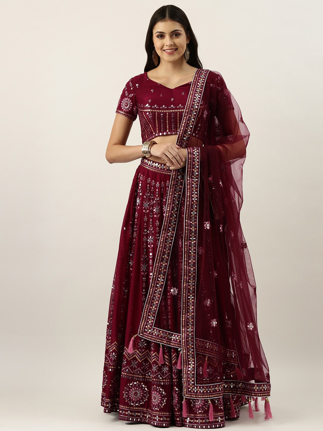 panchhi Burgundy & Silver-Toned Embellished Thread Work Semi-Stitched Lehenga & Unstitched Blouse With
panchhi Burgundy & Silver-Toned Embellished Thread Work Semi-Stitched Lehenga & Unstitched Blouse With