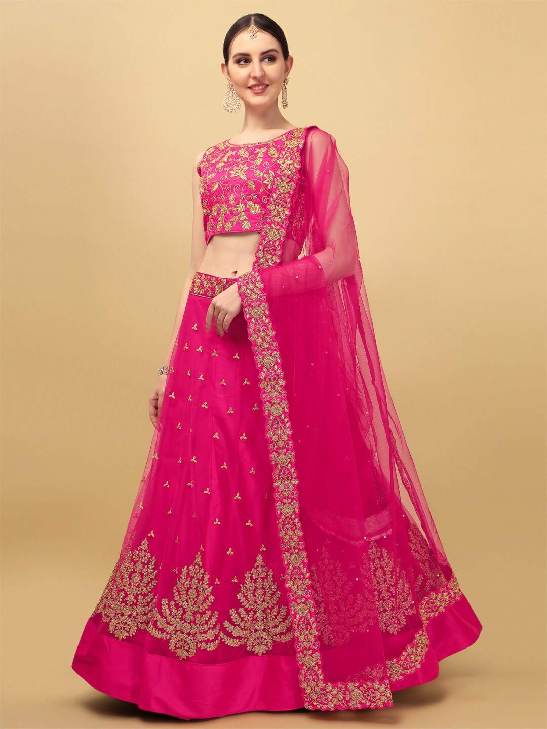 Amrutam Fab Pink & Gold-Toned Embroidered Semi-Stitched Lehenga & Unstitched Blouse With Dupatta
Amrutam Fab Pink & Gold-Toned Embroidered Semi-Stitched Lehenga & Unstitched Blouse With Dupatta