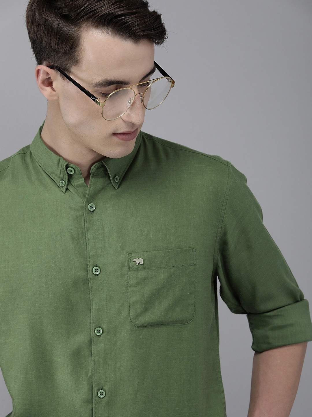 THE BEAR HOUSE Men Olive Green Pure Cotton Slim Fit Casual Shirt