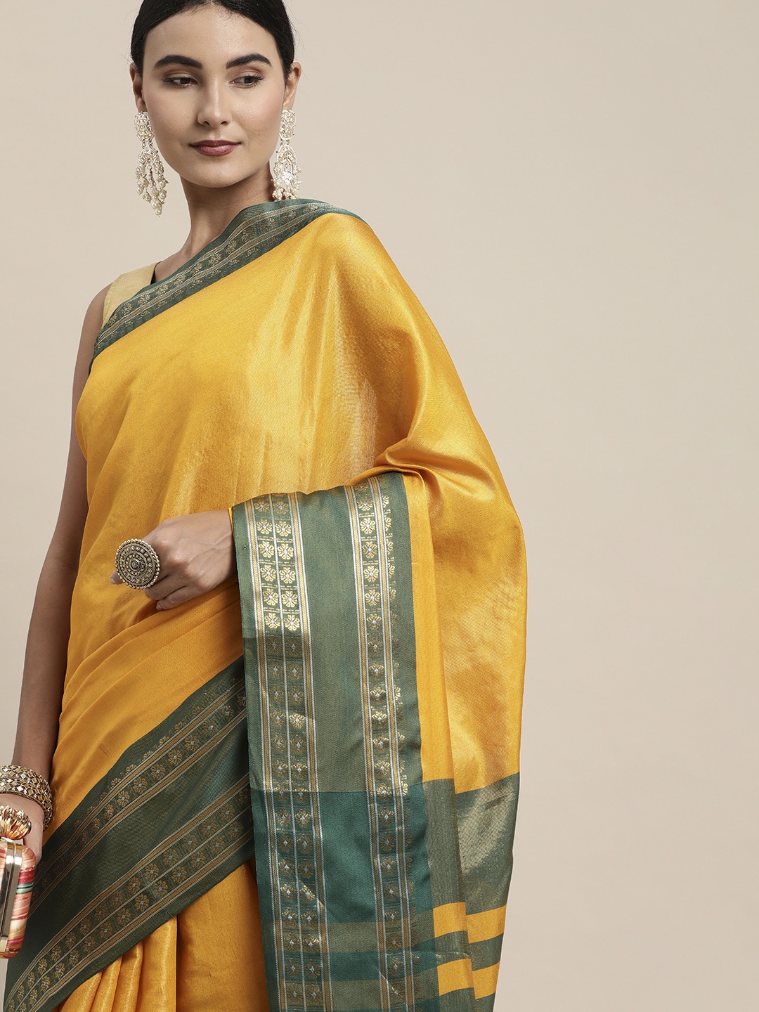 Mitera Mustard & Olive Green Zari Silk Cotton Saree