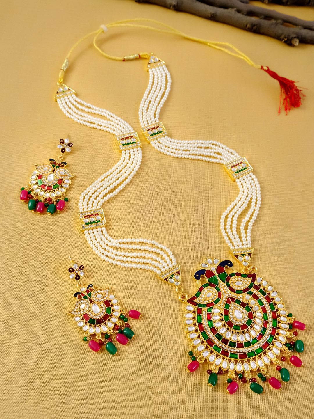 Crunchy Fashion Gold-Plated Red & Green Kundan-Studded & Beaded Meenakari Jewellery Set
Crunchy Fashion Gold-Plated Red & Green Kundan-Studded & Beaded Meenakari Jewellery Set