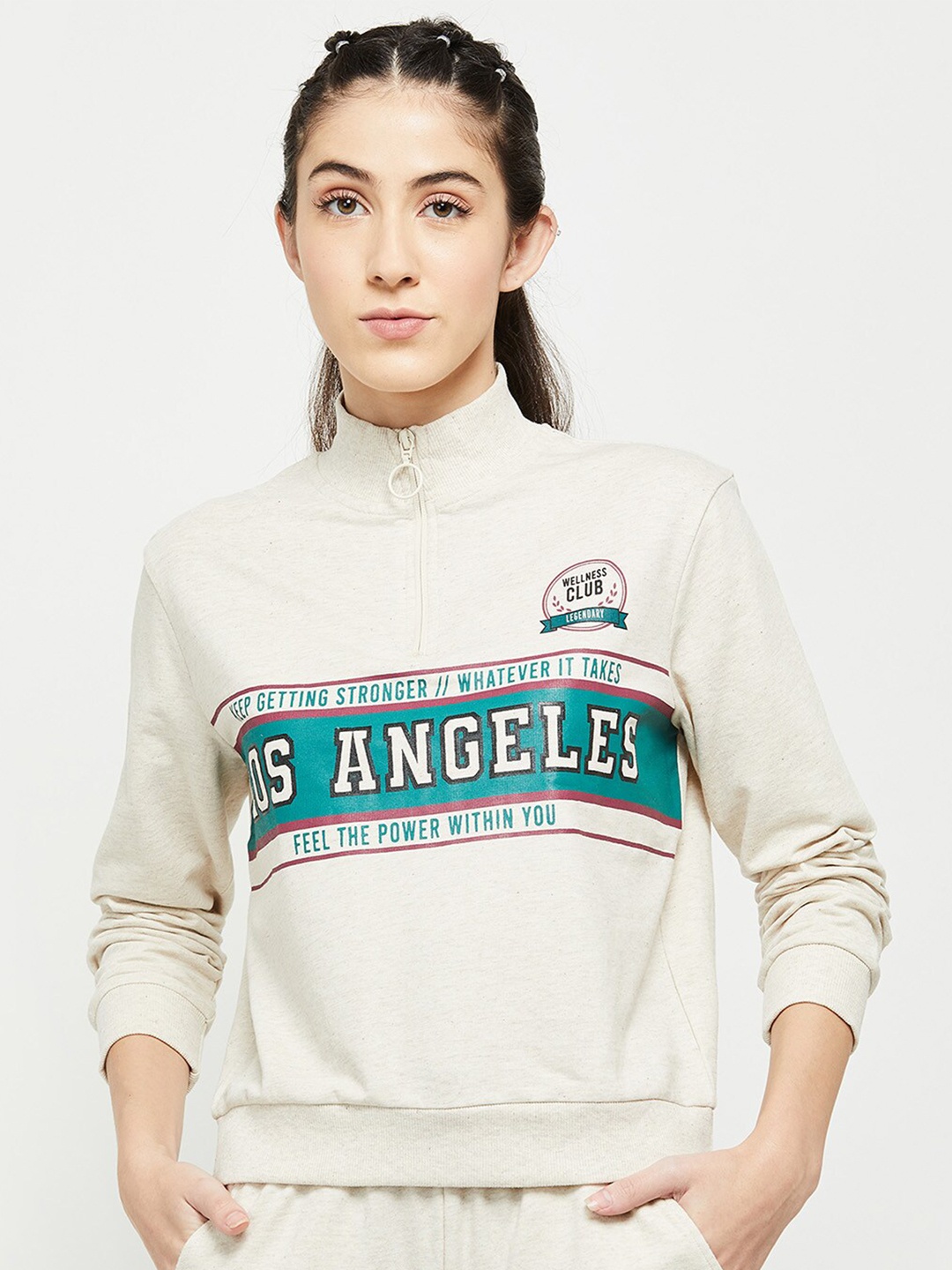 max Women Beige Printed Typography Sweatshirt