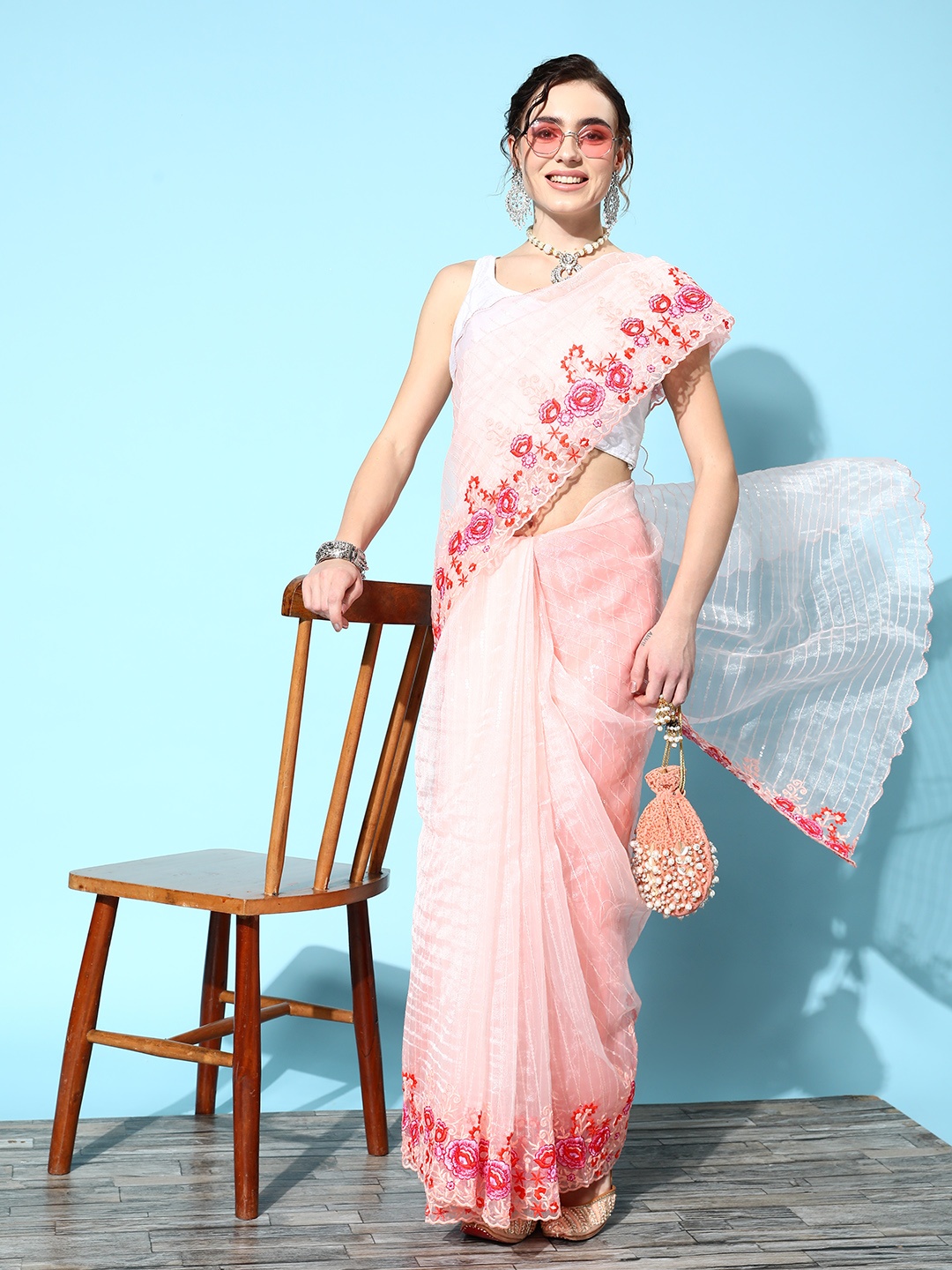 Ishin Striped Saree with Embroidered border, Pink