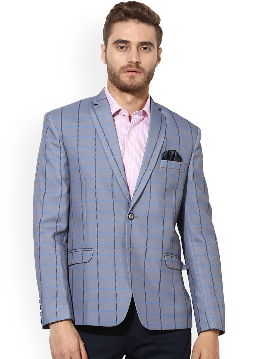 Hangup Men Blue Checked Single-Breasted Blazers