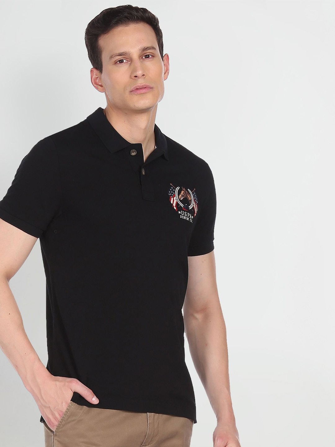 U.S. Polo Assn. Denim Co. Men Black Pure Cotton Brand Logo Printed Polo Collar T-shirt
U.S. Polo Assn. Denim Co. Men Black Pure Cotton Brand Logo Printed Polo Collar T-shirt
