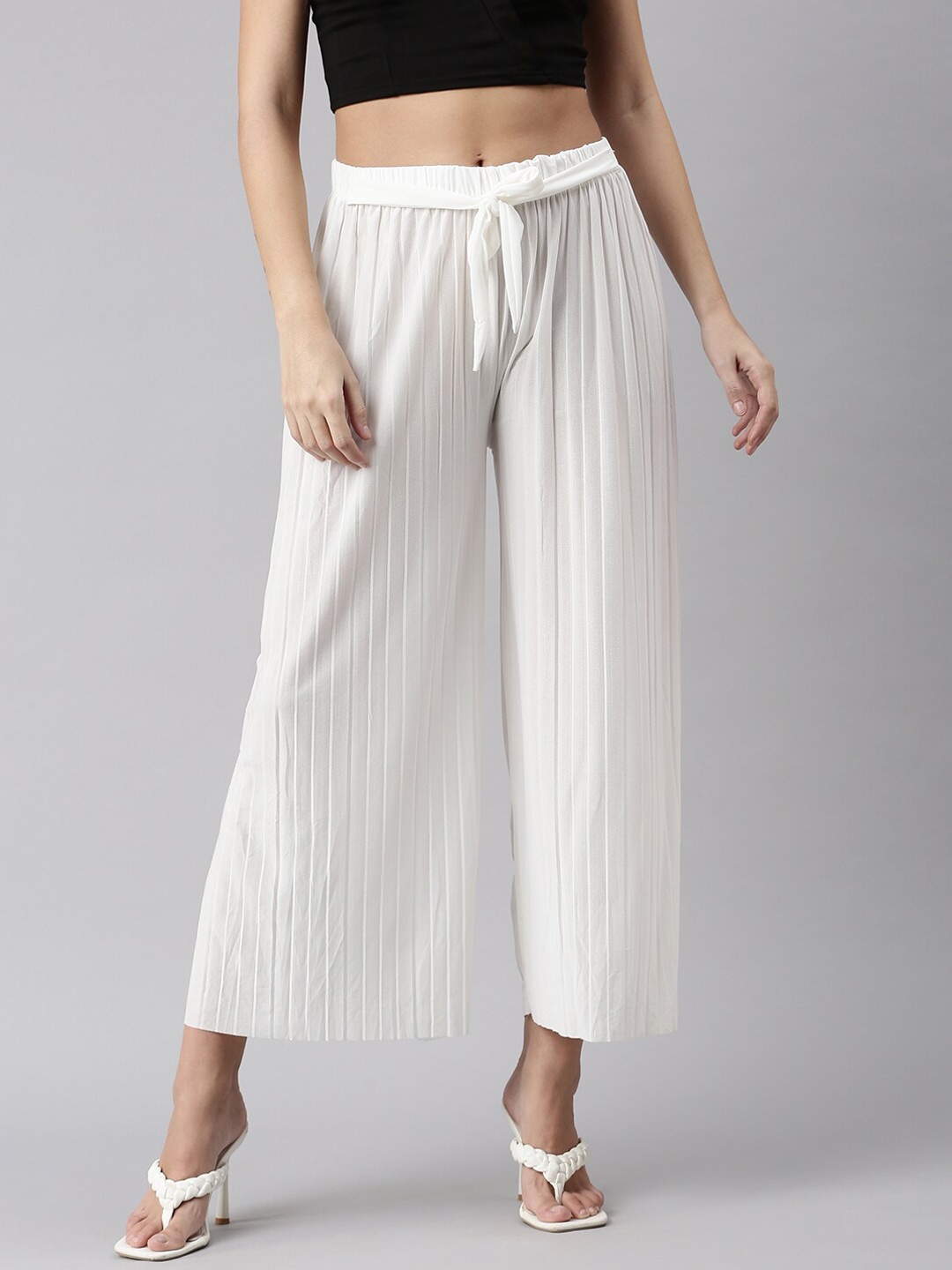 SHOWOFF Women White Striped Loose Fit High-Rise Trousers