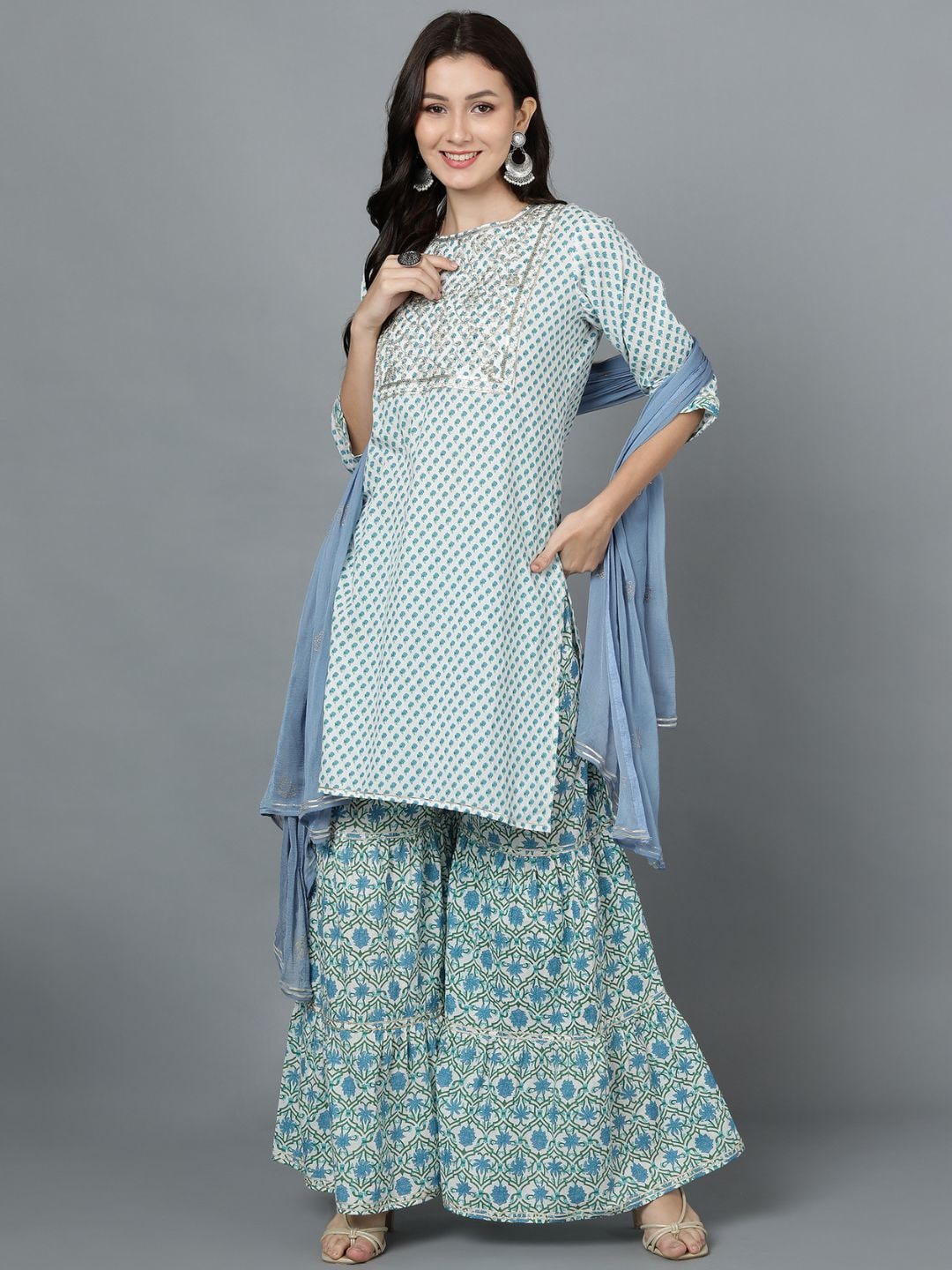 VEDANA Women Blue Embroidered Panelled Thread Work Pure Cotton Kurti with Sharara & With Dupatta
VEDANA Women Blue Embroidered Panelled Thread Work Pure Cotton Kurti with Sharara & With Dupatta