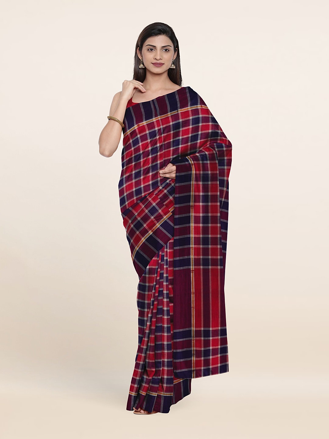Pothys Red & Navy Blue Checked Pure Cotton Saree