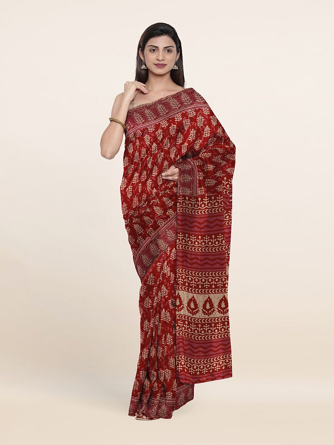 Pothys Red & Beige Floral Pure Cotton Saree