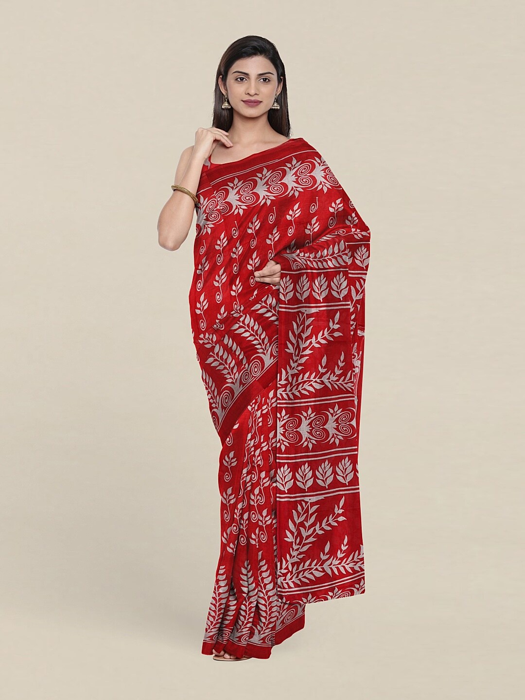 Pothys Red & White Floral Pure Cotton Saree