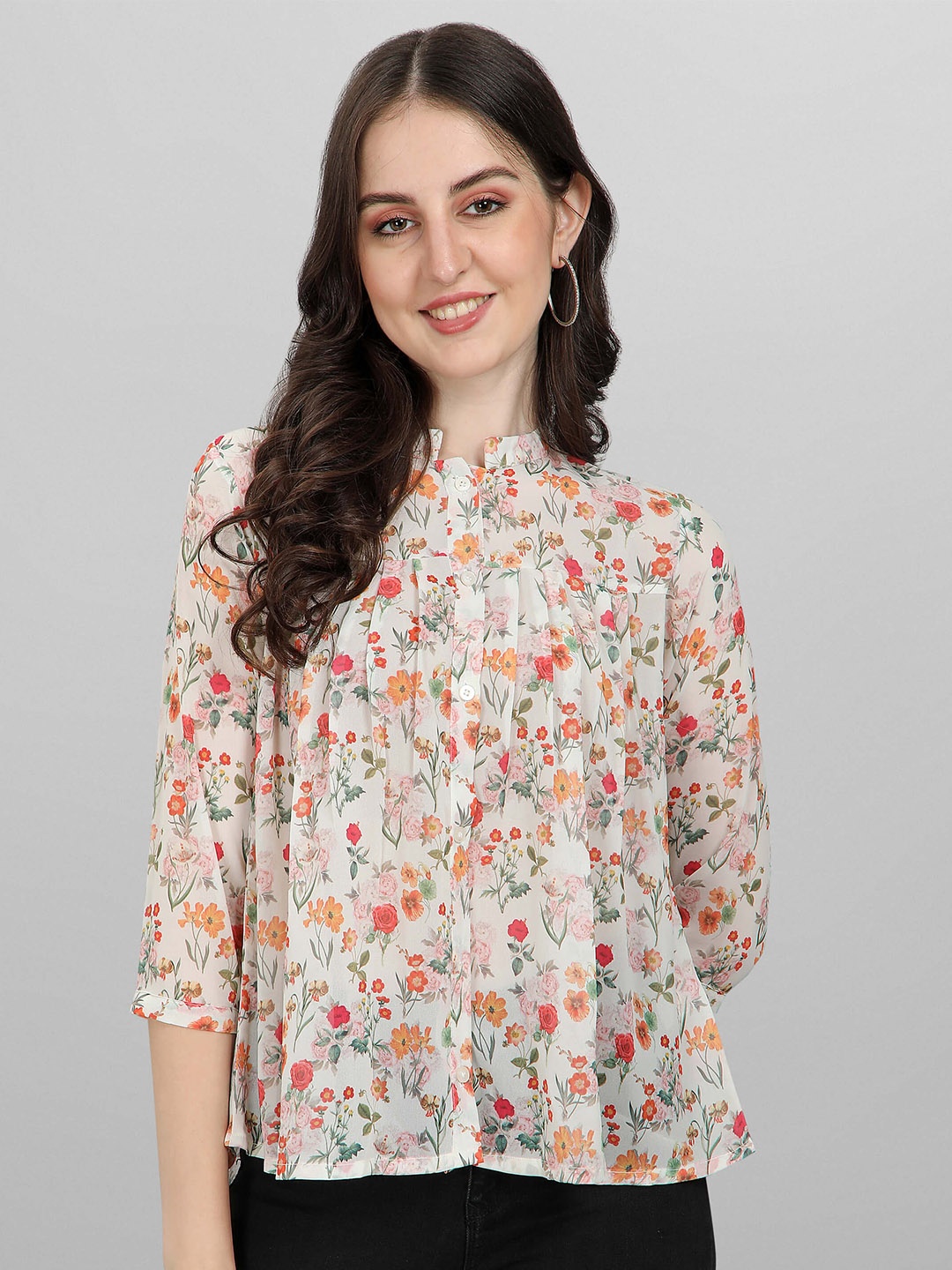 Masakali Co Women Beige Floral Print Mandarin Collar Georgette Shirt Style Top