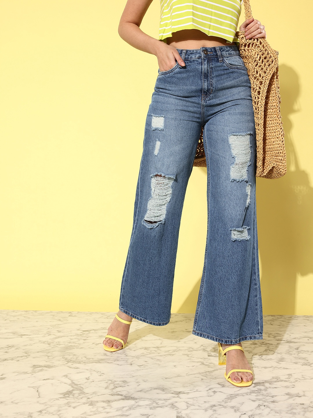 The Roadster Lifestyle Co. Women Wide Leg High-Rise Highly Distressed Pure Cotton Jeans, Blue
The Roadster Lifestyle Co. Women Wide Leg High-Rise Highly Distressed Pure Cotton Jeans, Blue