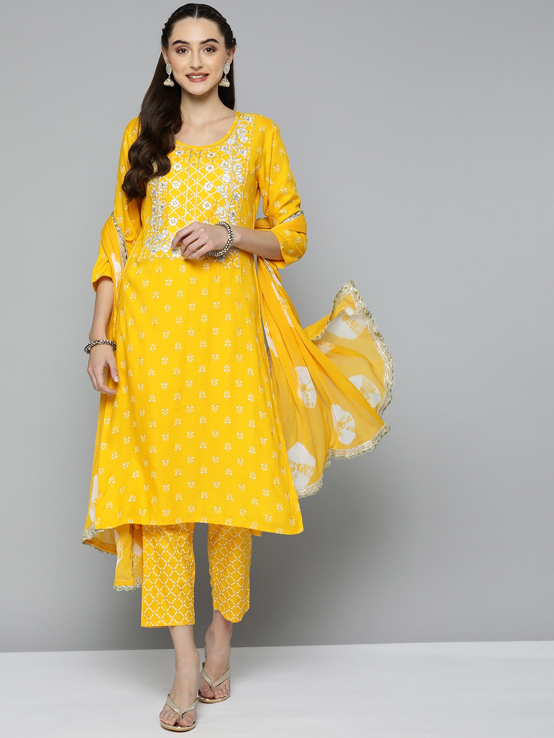 HERE&NOW Women Yellow & White Printed Thread Work Kurta with Trousers & With Dupatta
HERE&NOW Women Yellow & White Printed Thread Work Kurta with Trousers & With Dupatta