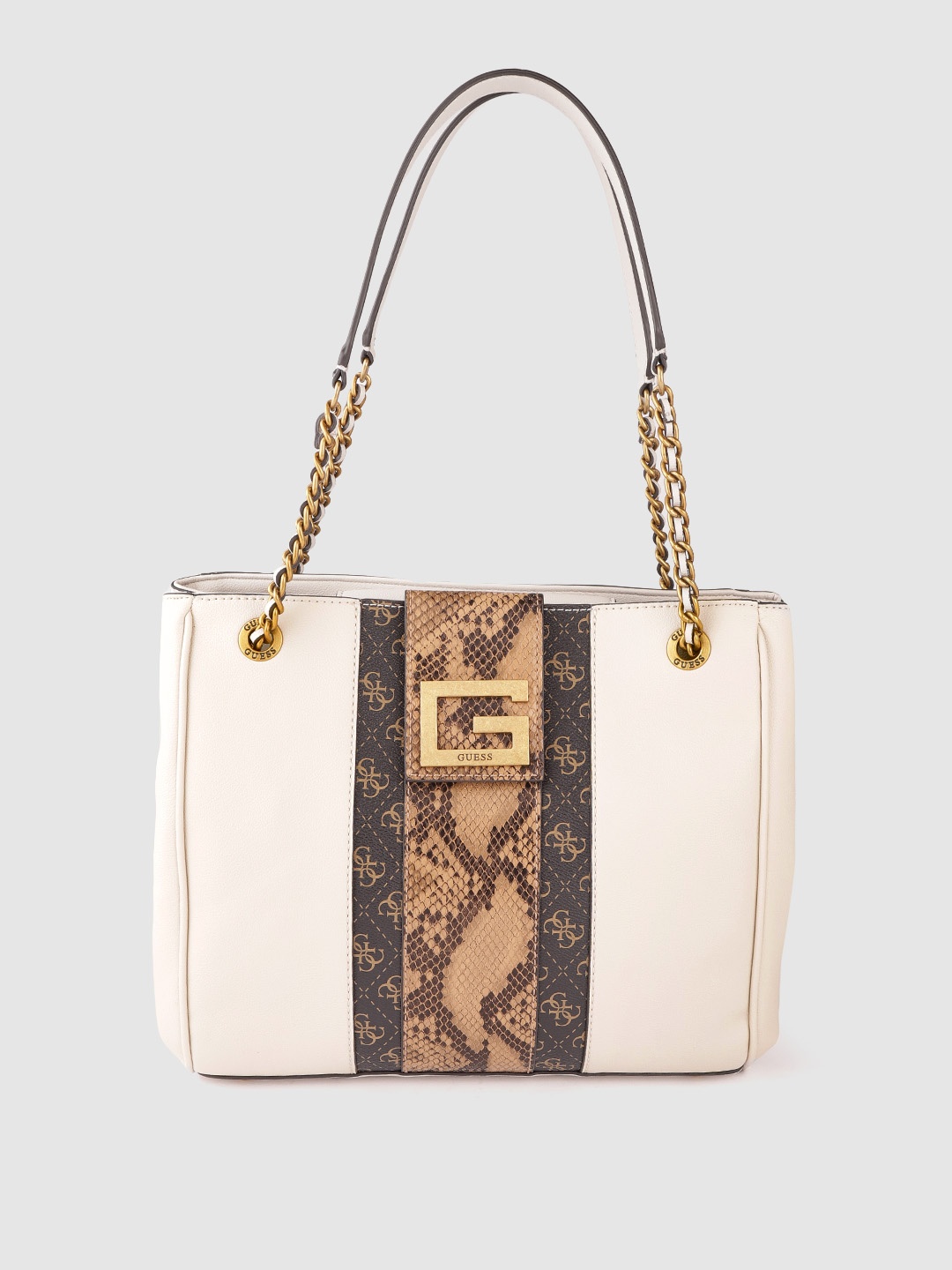 GUESS Women Off White & Brown Brand Logo Print Colourblocked Structured Shoulder Bag
GUESS Women Off White & Brown Brand Logo Print Colourblocked Structured Shoulder Bag