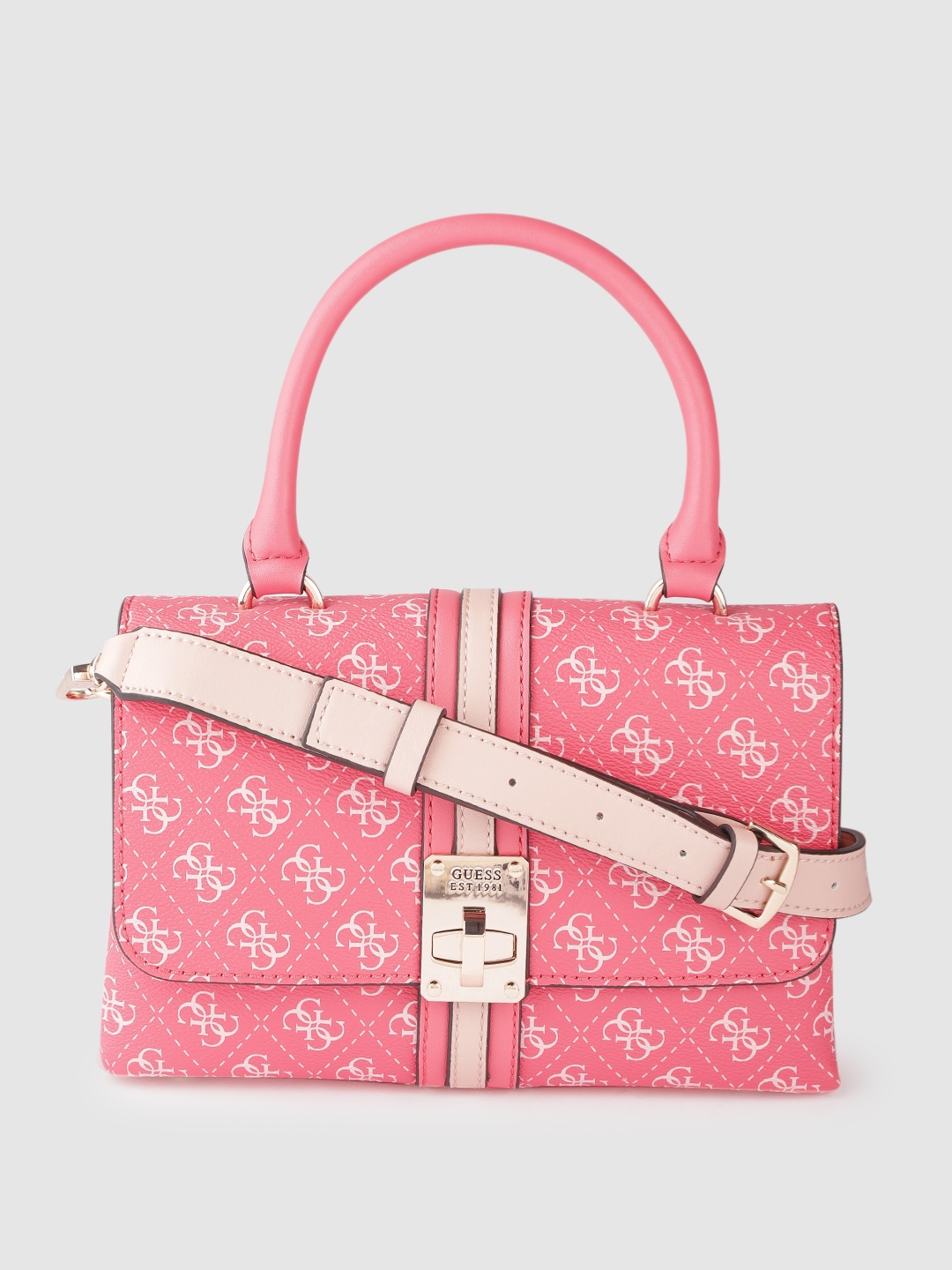 GUESS Pink & White Brand Logo Printed Structured Satchel with Detachable Sling Strap
GUESS Pink & White Brand Logo Printed Structured Satchel with Detachable Sling Strap