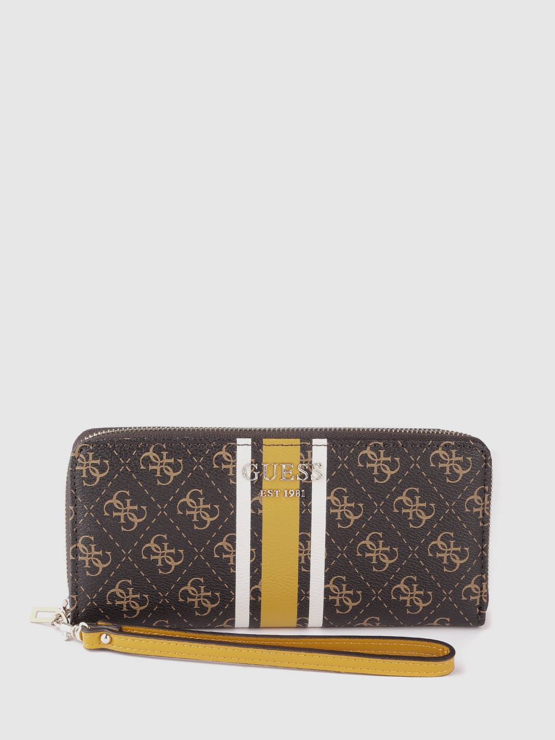 GUESS Women Coffee Brown & Beige Brand Logo Printed Zip Around Wallet with Wrist Loop
GUESS Women Coffee Brown & Beige Brand Logo Printed Zip Around Wallet with Wrist Loop
