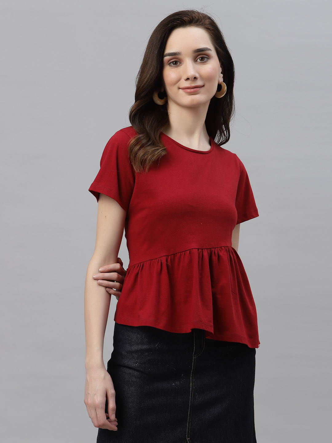 Rigo Red Solid Pure Cotton Peplum Top
Rigo Red Solid Pure Cotton Peplum Top