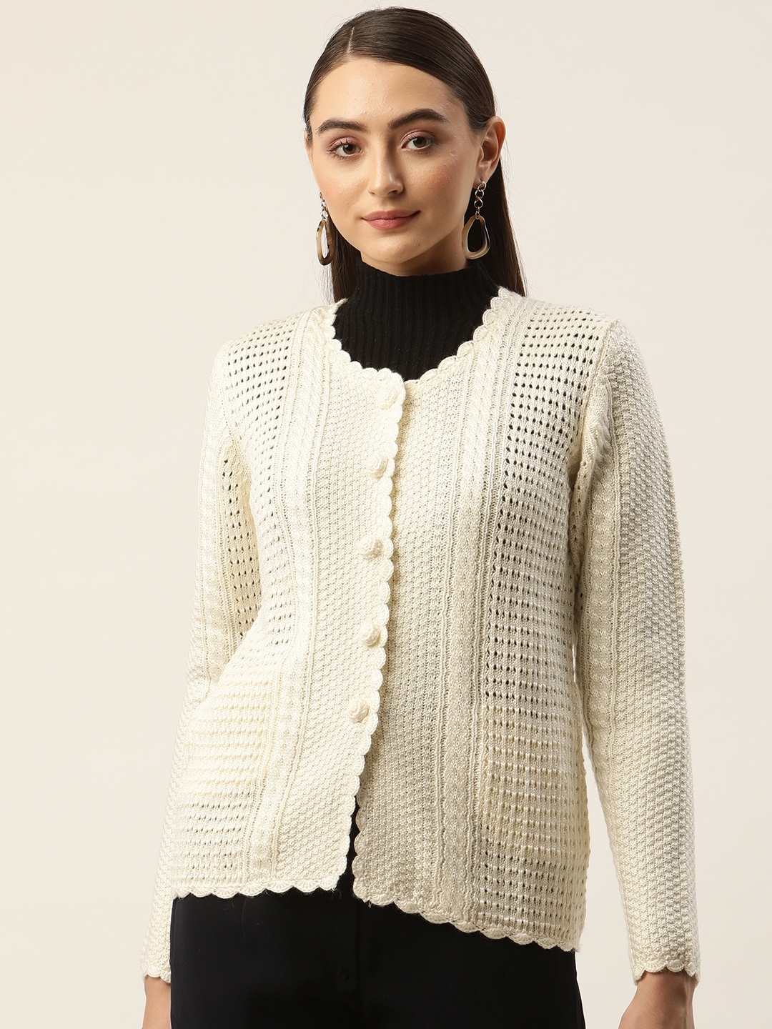 APSLEY Women Off White Cable Knit Cardigan