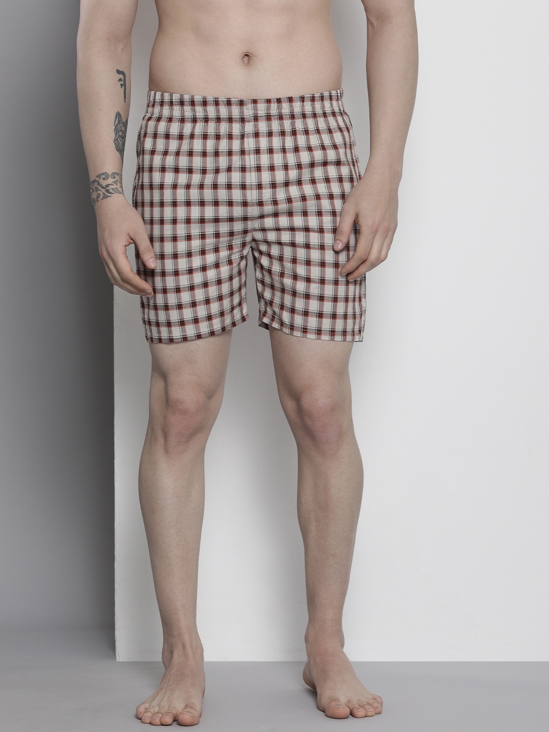The Indian Garage Co Men Beige Checked Cotton Boxers