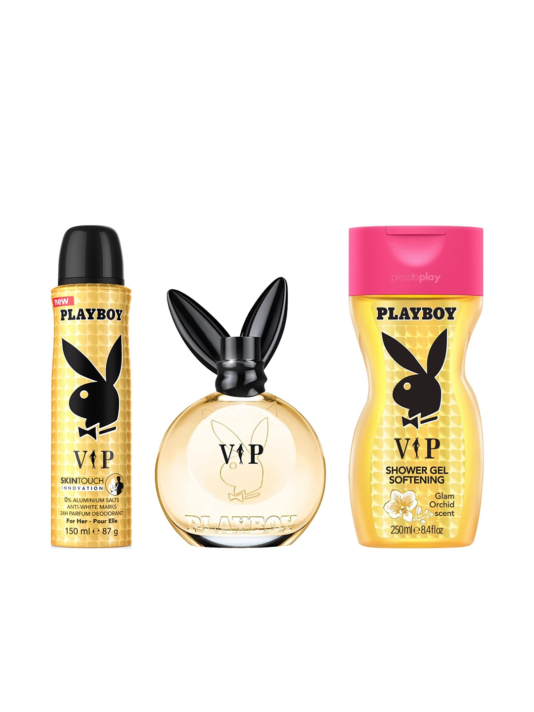 Playboy Women VIP Gift Set - Deodorant 150ml + Eau de Toilette 90ml + Shower Gel 250ml, Yellow
Playboy Women VIP Gift Set - Deodorant 150ml + Eau de Toilette 90ml + Shower Gel 250ml, Yellow