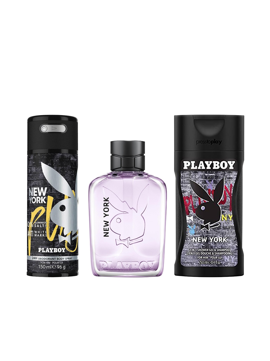 Playboy Men New York Deo 150ml + EDT 100ml + 2 in 1 Shower Gel & Shampoo 250ml Gift Set, Transparent
Playboy Men New York Deo 150ml + EDT 100ml + 2 in 1 Shower Gel & Shampoo 250ml Gift Set, Transparent