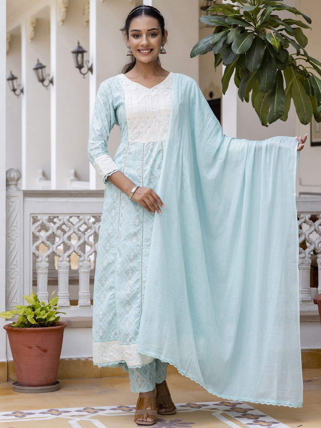Sangria Women Ethnic Motifs Printed Panelled Cotton Kurta with Trousers & Dupatta, Blue
Sangria Women Ethnic Motifs Printed Panelled Cotton Kurta with Trousers & Dupatta, Blue