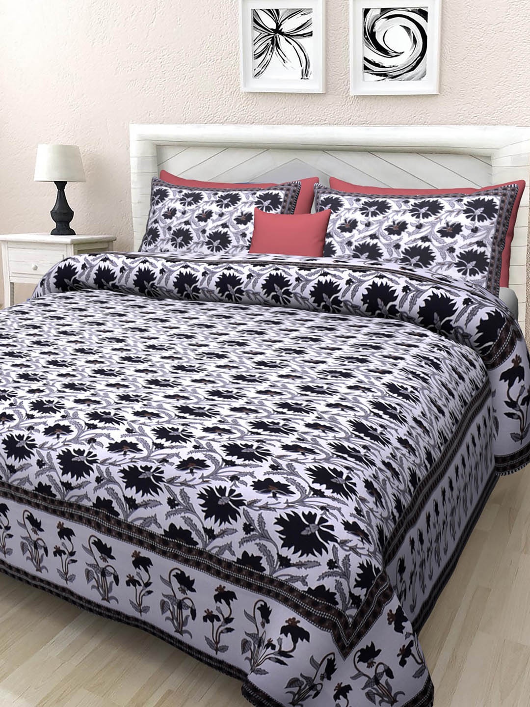 INDHOME LIFE White & Black Floral 220 TC King Pure Cotton Bedsheet with 2 Pillow Covers
INDHOME LIFE White & Black Floral 220 TC King Pure Cotton Bedsheet with 2 Pillow Covers
