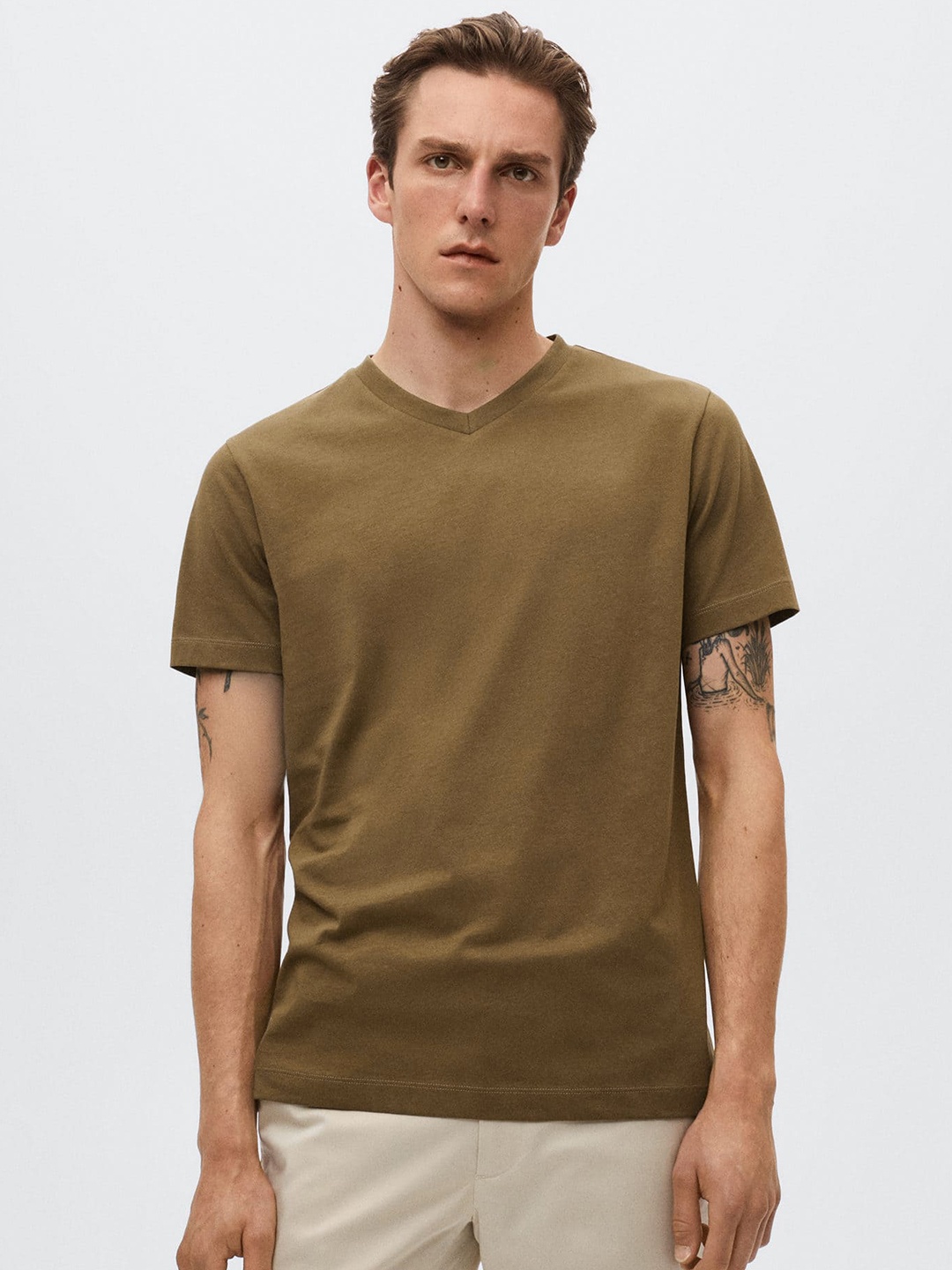 MANGO MAN Men Olive Brown Pure Cotton T-shirt