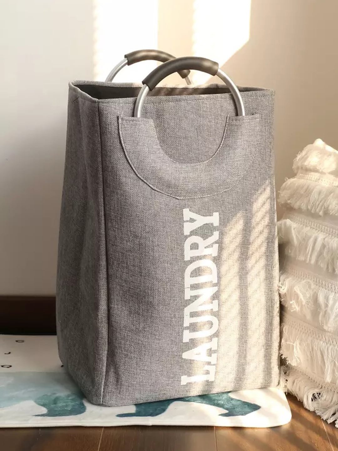 

MARKET99 Grey Printed Laundry Basket With Handle