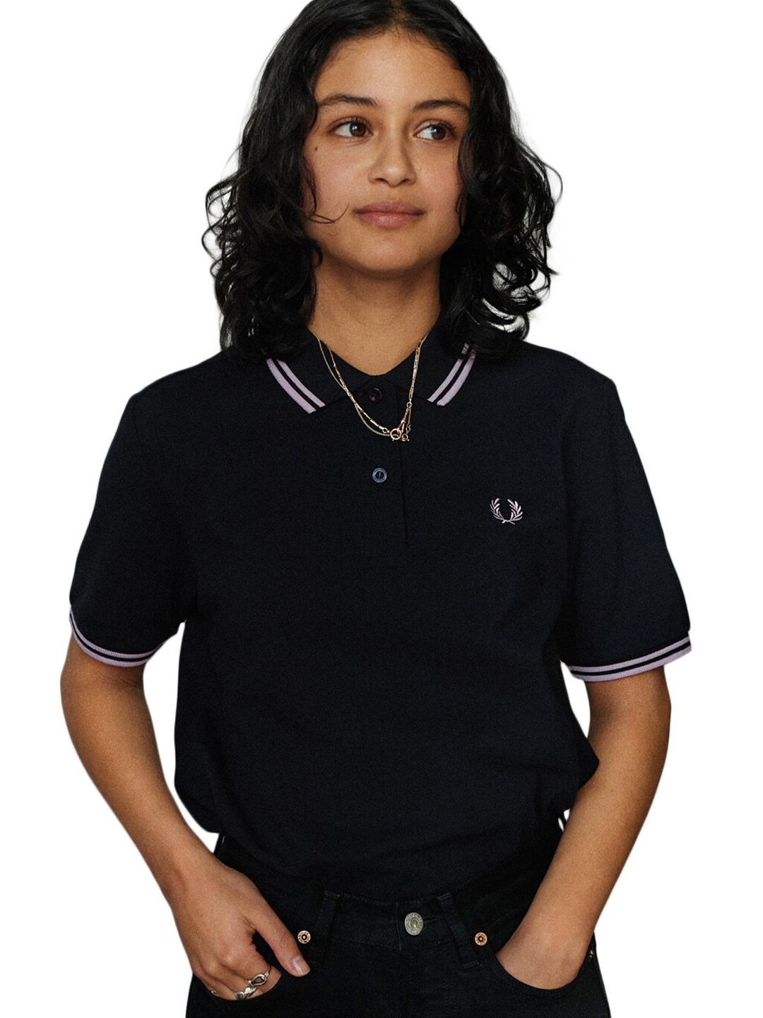 Fred Perry Women Navy Blue Polo Collar Cotton T-shirt
