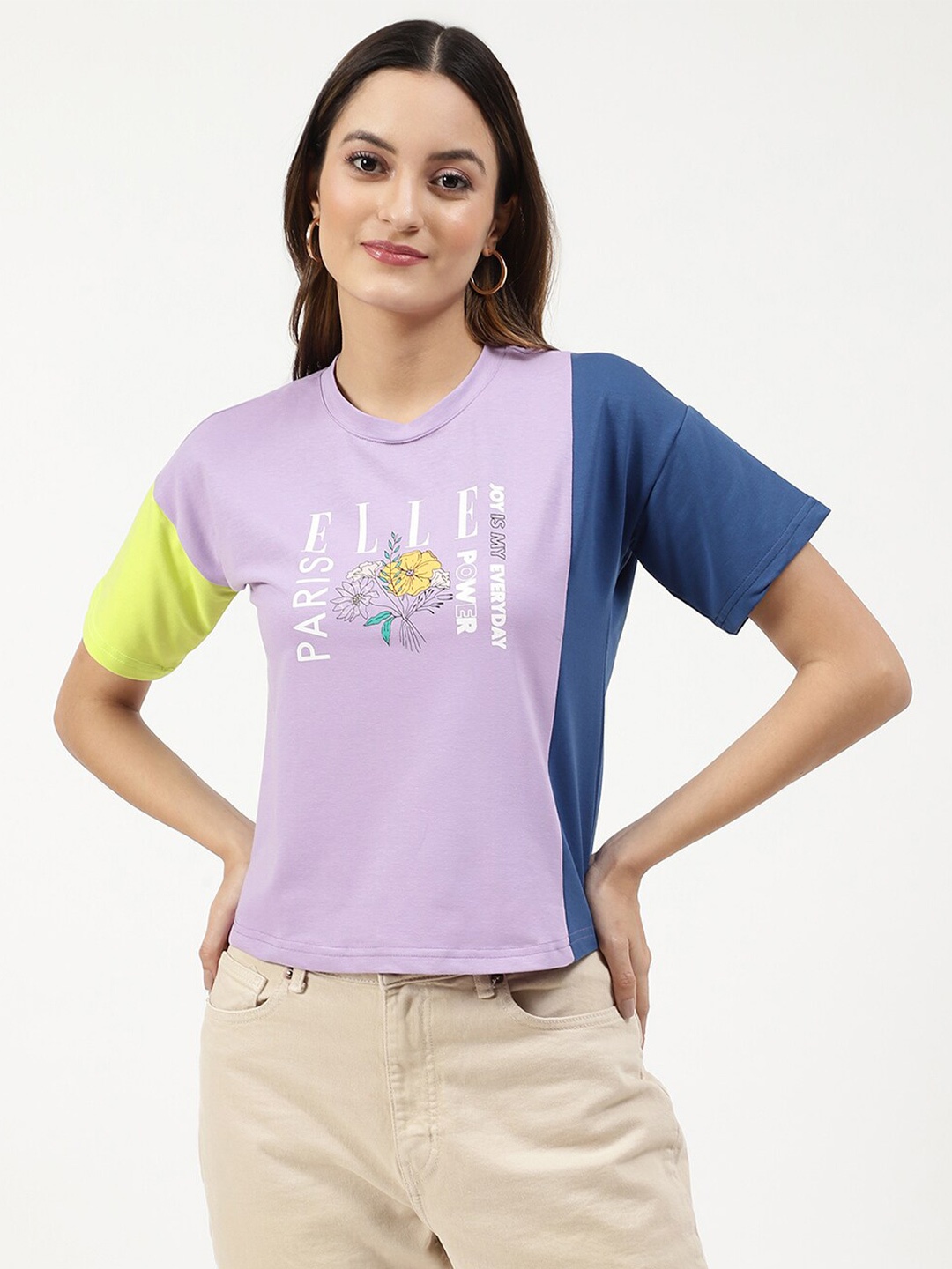 ELLE Women Purple & Blue Typography Printed Drop-Shoulder Sleeves Slim Fit Cotton T-shirt
ELLE Women Purple & Blue Typography Printed Drop-Shoulder Sleeves Slim Fit Cotton T-shirt