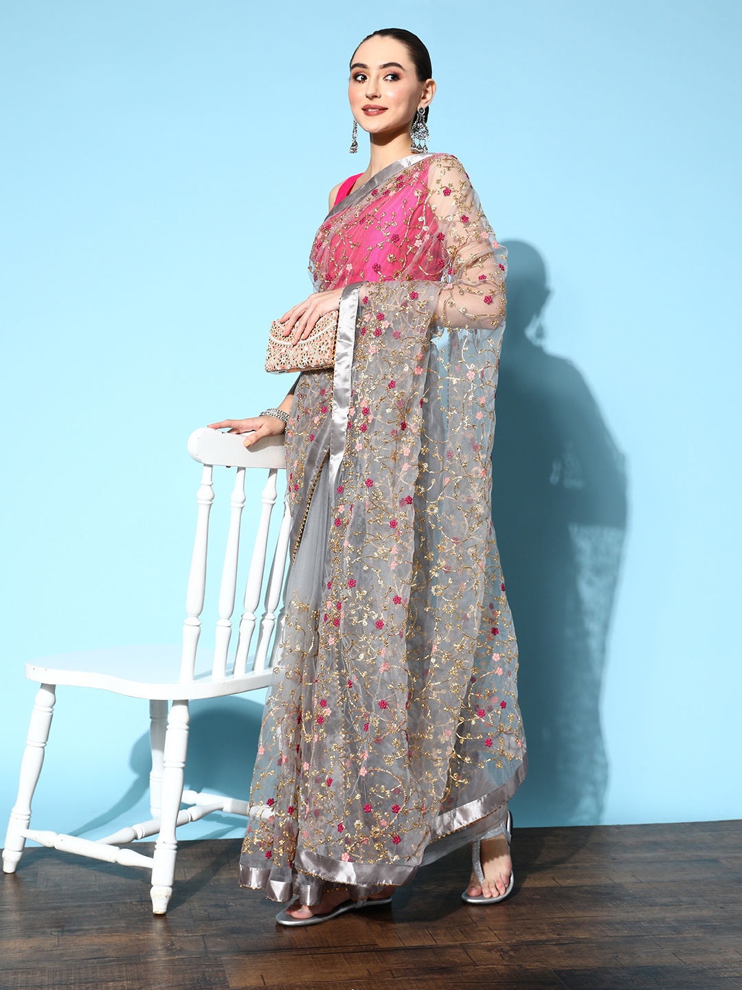Tikhi Imli Grey & Gold Floral Embroidered Net Saree