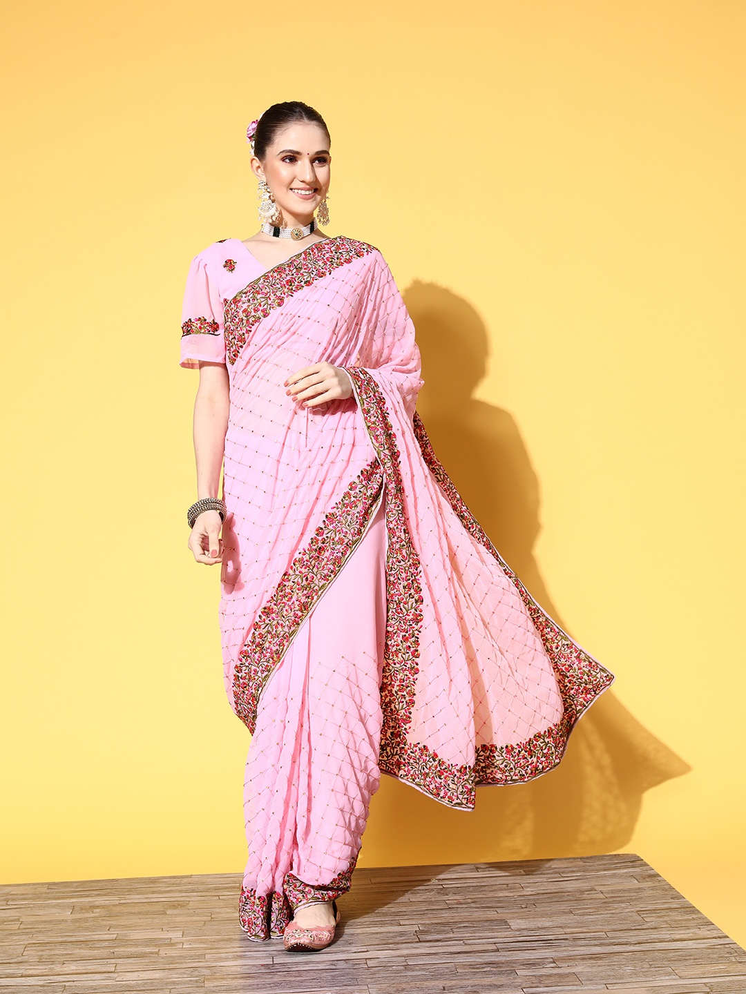 Tikhi Imli Pink & Red Embellished Heavy Work Saree