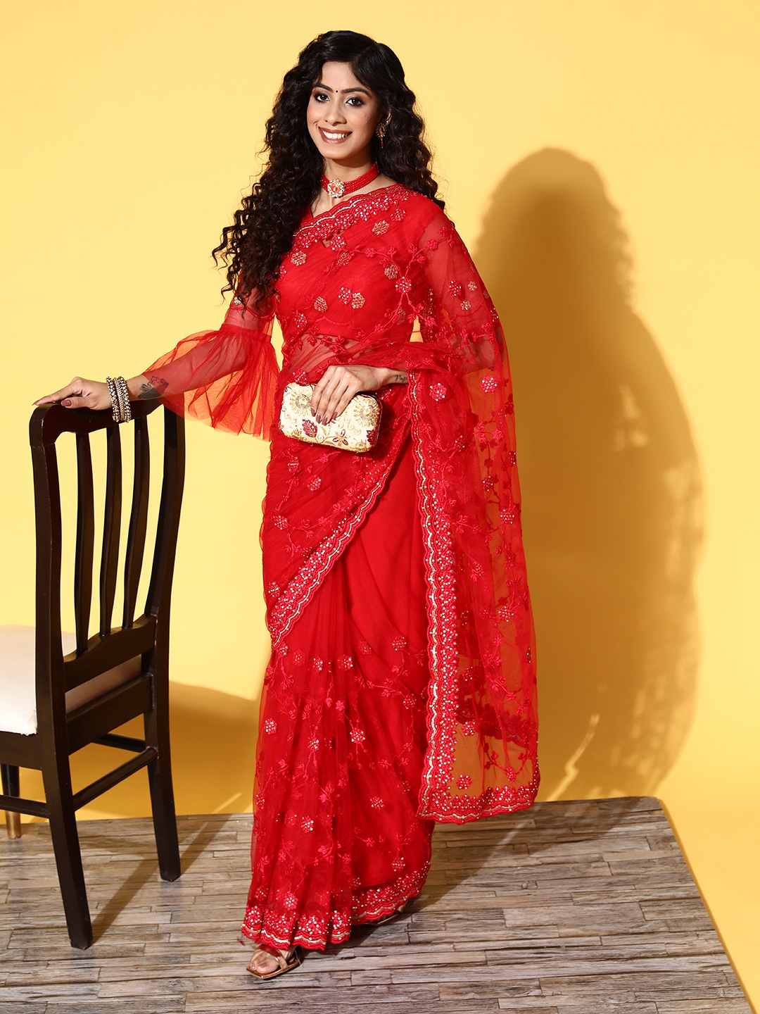 Tikhi Imli Red Floral Sequinned Net Saree