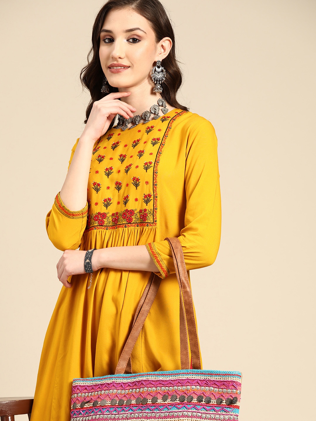 Sangria Women Mustard Yellow Floral Yoke Design Kurta