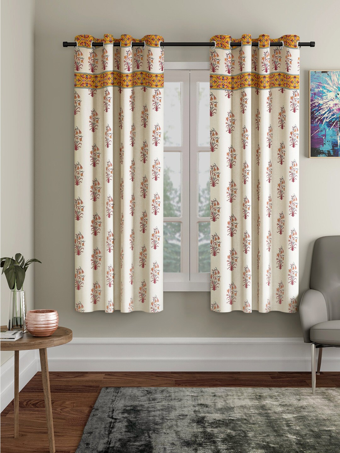 Rajasthan Decor Set of 2 White & Yellow Floral Window Curtain