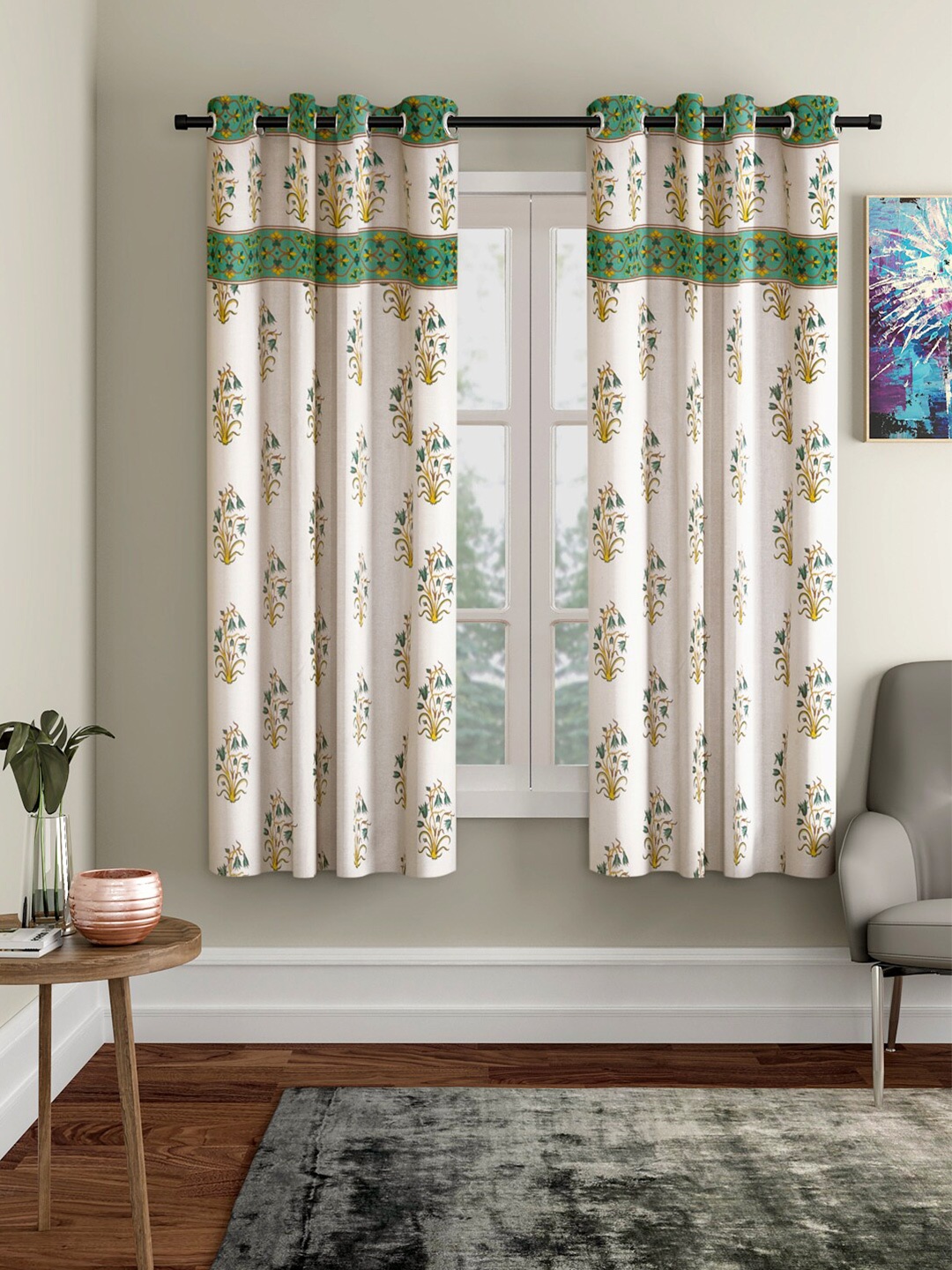Rajasthan Decor White & Blue Set of 2 Floral Window Curtain