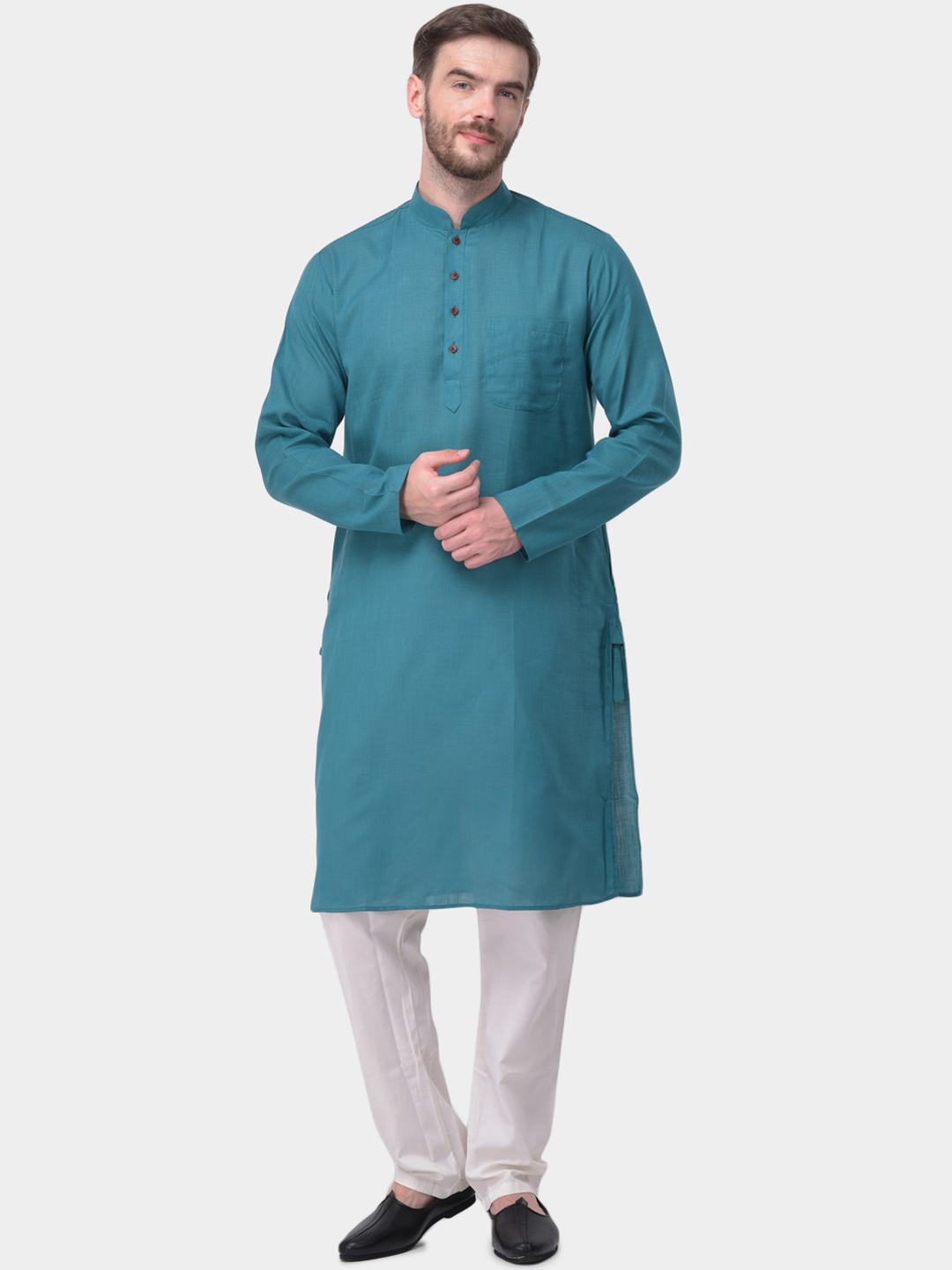 SG LEMAN Men Teal Pure Cotton Kurta with Trousers