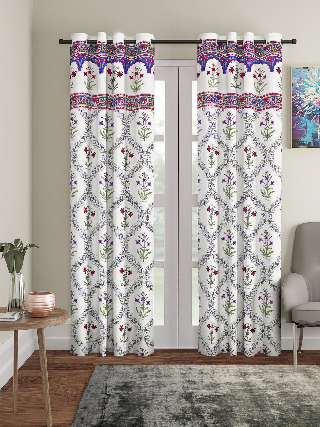 Rajasthan Decor White & Grey Set of 2 Floral Door Curtain