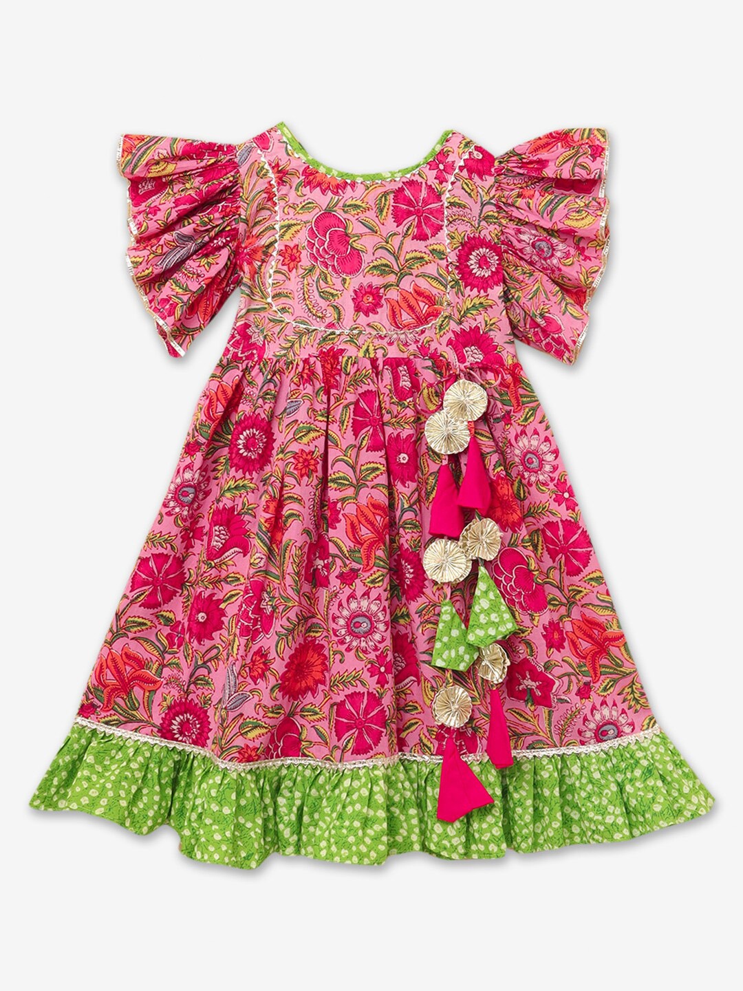 Hopscotch Girls Pink & Green Floral Maxi Dress